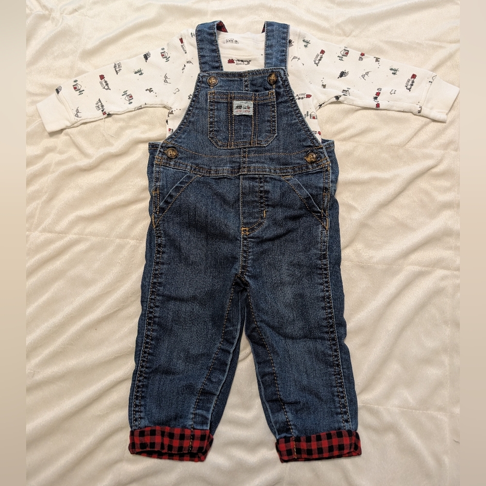 Carter's 2-Piece Set Blue Denim Overalls with Red Plaid Accents and Shirt 9M